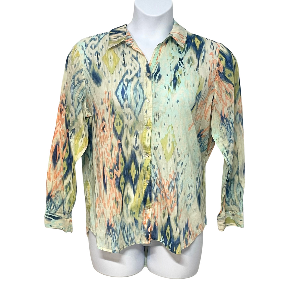 Chico's Sz 3 (XL) Button Down Blouse Lightweight Cotton Watercolor Ikat Print